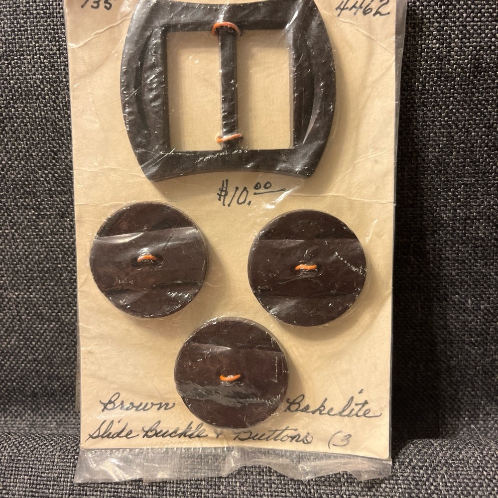 Vintage brown, bakelite slide, buckle, and buttons lot